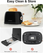 CROWNFUL 2-Slice Toaster, Extra Wide Slots Toaster, Retro Stainless Steel with Bagel, Cancel, Defrost, Reheat Function and 6-Shade Settings, Removal Crumb Tray, Black