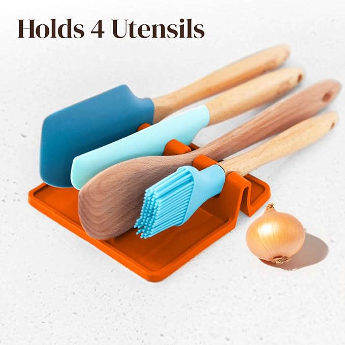 Silicone Spoon Rest for Stove Top with Drip Pad (Two Pack) - Heat Resistant BPA Free Utensil Rest & Spoon Holder for Kitchen Counter - Grill Utensil Holder - Spatula Holder, Tongs, Ladle
