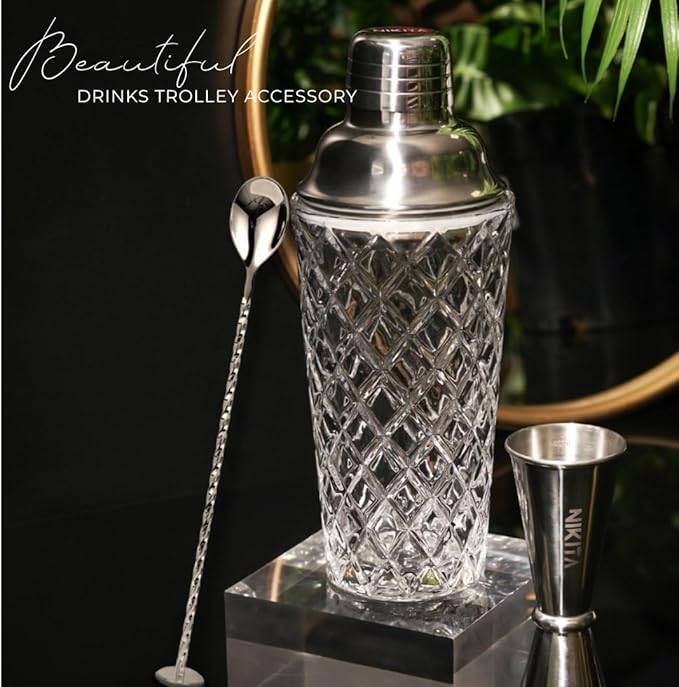 Silver Cocktail Shaker Set - 5 Piece Martini Shaker Set with Strainer, Jigger, Spoon & Muddler - 16oz Glass Cocktail Shaker Set - Ideal Gift for Home Bar & Drink Trolley Décor