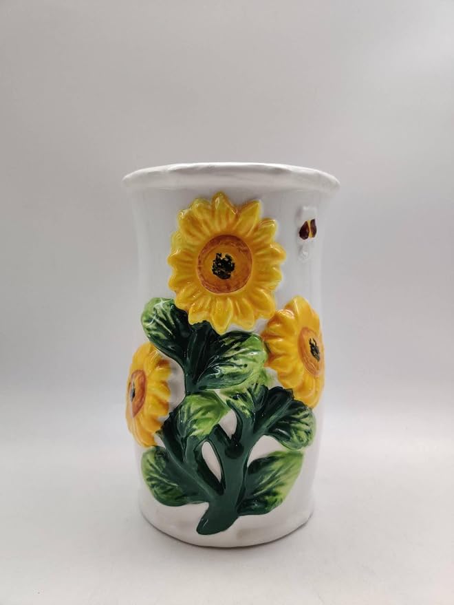 ACK 3D Sunflower Hand Painted Ceramic Utensil Jar, Utensil Holder, Utensil Crock, Modern Kitchen Decor, Kitchen Storage for Spoon, Ladle, Spatula and More