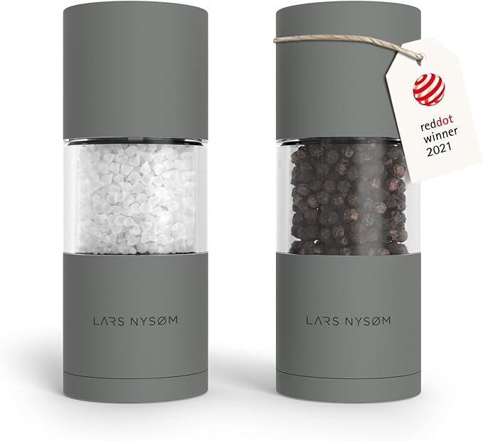 LARS NYSØM Salt and Pepper Grinder Set I Salt and Pepper Mills with Adjustable Ceramic Grinder 2 pieces I Manual Design Spice Mill Set (Ash Gray)