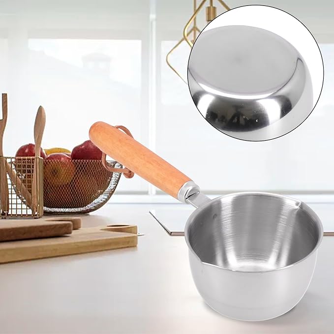 Mini Butter Melting Pot, Stainless Steel Hot Oil Pan Milk Butter Warmer with Wooden Handle Dual Pour Spout Small Sauce Pan Sauce Serving Pots(150ml)