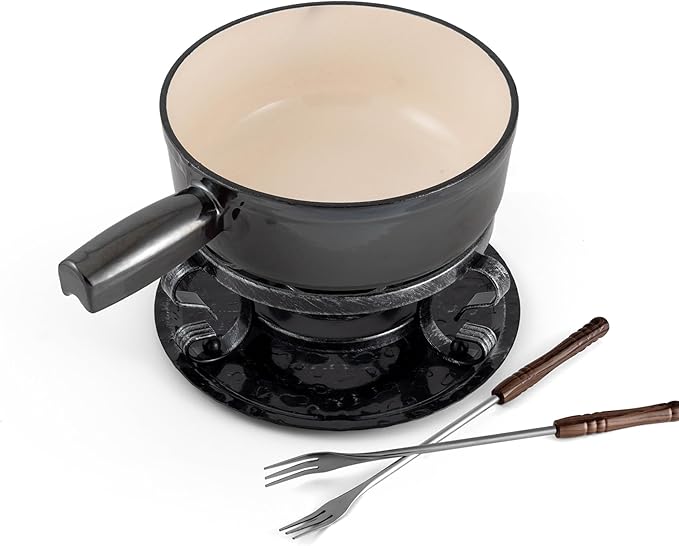 Swissmar Lugano Cast Iron Cheese Fondue Set, 9-Piece, 2 QT / 2 L - Ideal for Melting Cheese, Chocolates, Caramel, & More - Perfect for Kitchen Collection & Gift Giving - Metallic Black