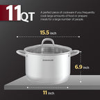 SUNHOUSE Stainless Steel Stock Pot - 11 Quart Heavy-Duty Induction Cooking Pot with Visible Lid for Pasta, Soup, Spaghetti - Nonstick Thick-Bottom Deep Stockpot for Canning, Boiling, and Simmering
