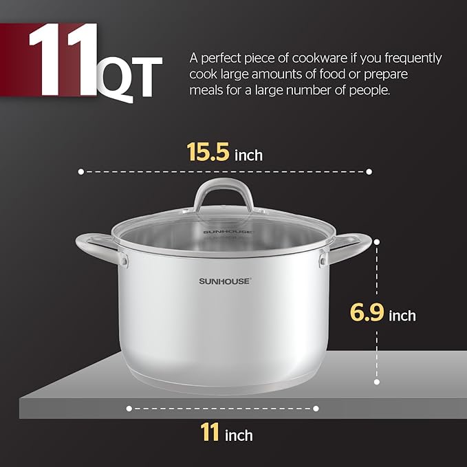 SUNHOUSE Stainless Steel Stock Pot - 11 Quart Heavy-Duty Induction Cooking Pot with Visible Lid for Pasta, Soup, Spaghetti - Nonstick Thick-Bottom Deep Stockpot for Canning, Boiling, and Simmering