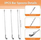 3 PCS Bar Spoon, 12 Inches Cocktail Mixing Spoons, Spiral Pattern Stainless Steel Cocktail Stirrers for Home or Bar Cocktail, Drinks, Coffee, Ice Cream, Sundae (Silver)