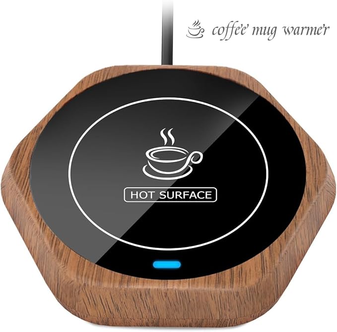 Smart Beverage Heating Plate Candle Wax Cup Warmer Electric Thermostat Coaster for Hot Coffee Milk Tea Water Cocoa Desk Home Office Use (R1 Wood Grain)