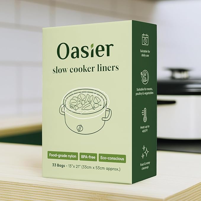 Slow Cooker Liners, Disposable Oval Large Size 13" x 21", 33 Count, Fits 3-8 Quart Pot Cooking Bags for Easy Cleanup, Food Safe & Leak-Proof