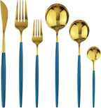 36-Pieces Silverware Mirror Polished Dinnerware Gold Flatware With Blue Handle, 18/0 Stainless Steel Cutlery Set For Home Kitchen Party Hotel Restaurant Wedding Service for 6