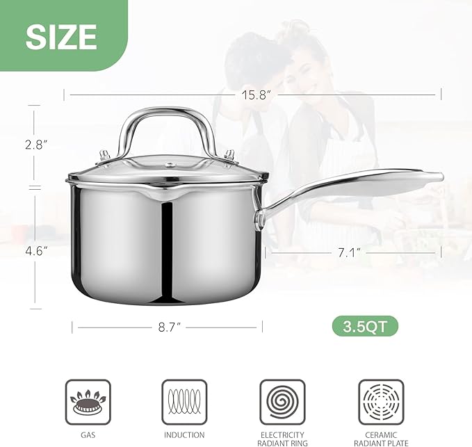 Tri-Ply Stainless Steel Sauce Pan with Steamer Basket & Strainer Glass Lid–Multi-Function Pot 3.5 QT- Modern Sleek Design–Safe,Chemical-Free& Stylish Cookware–Upgrade Your Kitchen with Healthy Cooking