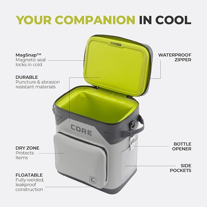 CORE Magnetic Leak Proof Soft Cooler with Waterproof Zipper | Insulated Bag Portable Ice Chest Box | Best Soft Cooler for Food & Beverages for Tailgating, Car Camping, Travel, and Family Beach Picnics