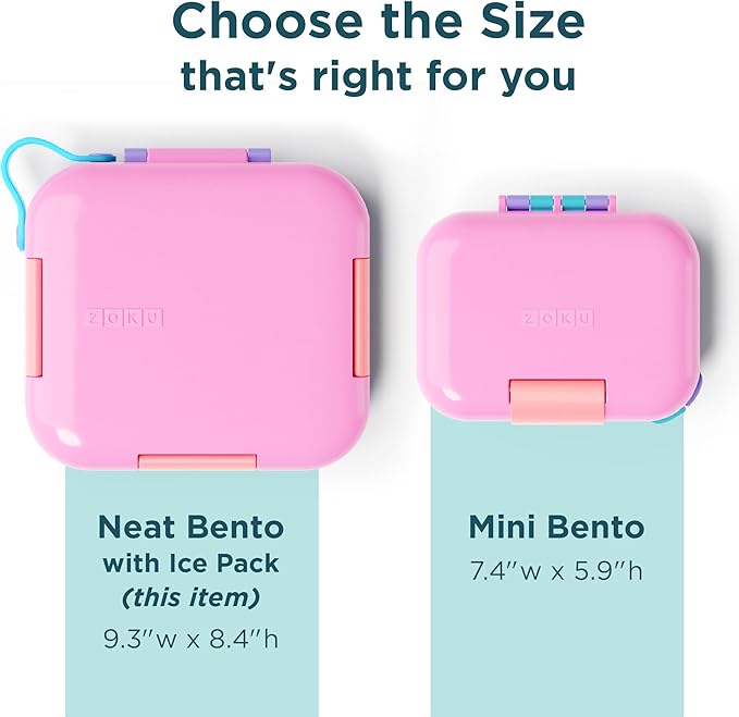 ZOKU - Bento Box with Ice Pack, Lunch Box for Kids, Easy to Carry and Clean, Freezer Pack Keeps Food Fresh, Fits Any Snack or Meal, Leakproof (Neat Bento) (Pink)