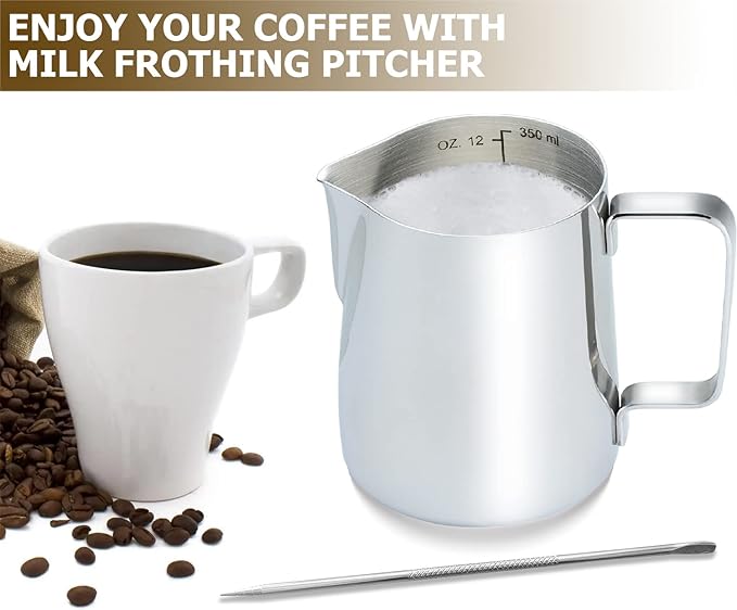 CAMKYDE Stainless Steel Milk Frothing Pitcher 12 oz, Espresso Steaming Pitcher with Decorating Pen for Espresso Machines, Cappuccino, Latte Art (Silver)