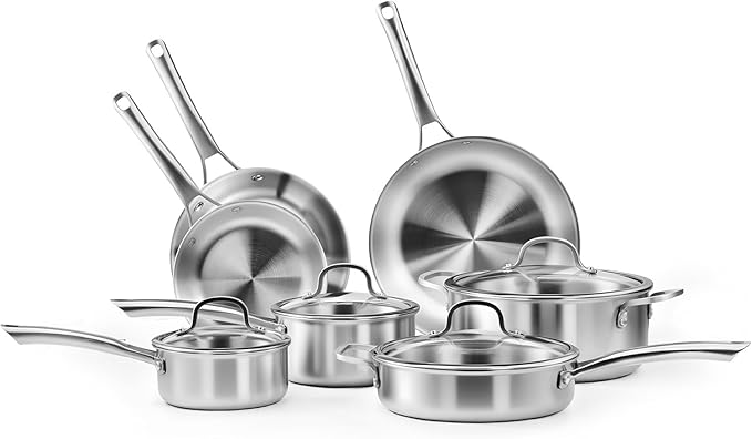 Bonnlo 11 Pieces Cookware Set, 3-Ply Stainless Steel Pots and Pans Set with Lids, Non-Toxic Kitchen Set, Oven & Dishwasher Safe, Induction Cooking Set, PFOA & PTFE Free, Compatible for All Cooktops