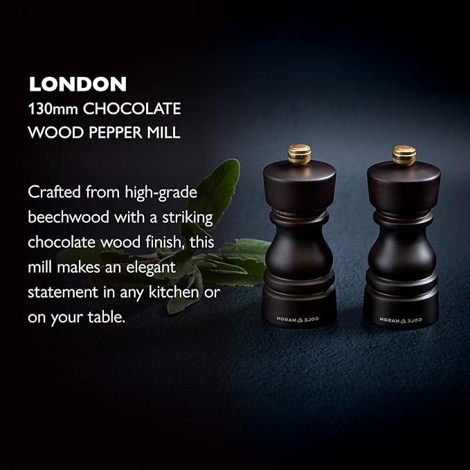 Cole & Mason London Refillable Spice Mill - Kitchen & Home Accessory - Table Black Pepper Grinder - Pepper Mill with Carbon Steel Mechanism - 5", Chocolate Wood