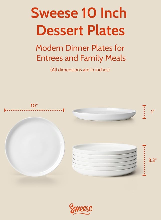 Sweese 10 Inch Porcelain Dinner Plates, White, Set of 6 - Microwave, Oven, Dishwasher Safe, Scratch-Resistant