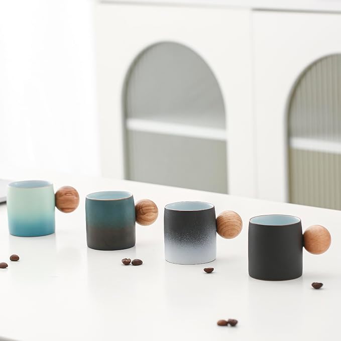 2-Oz Ceramic Espresso Cups with Wood Handle, 2/4-Piece Set for Coffee, Tea, Latte - Dishwasher Safe, Multi-Color & Wood Styles, Gift & Café Use (color4, Round Handle4)