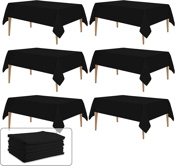 WIGENIUS 6 Pack Black Table Cloth Rectangle 60x84 Inch Polyester Tablecloths for 5ft Rectangle Tables - Reusable Wrinkle Resistant Washable Cloth Cover for Wedding Banquet Party | Hemmed Edges