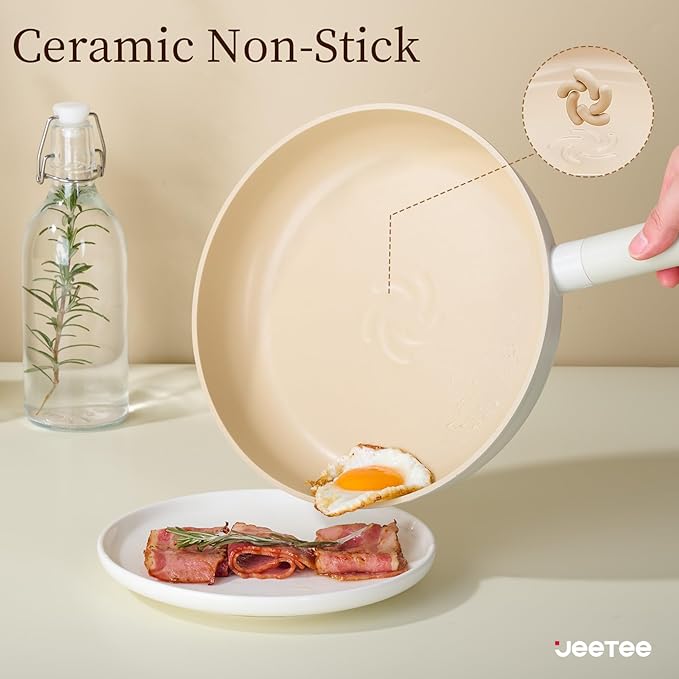 JEETEE Ceramic Cookware Set, 15 PCS Pots and Pans Set Non Stick with Removable Handles, Non Toxic Induction Kitchen Cookware Sets, Oven Safe PFAS/PFOA Free Cream