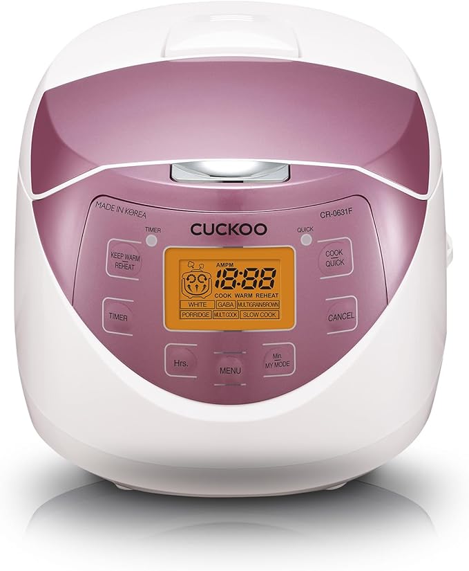 CUCKOO CR-0631F 6-Cup (Uncooked) / 12-Cup (Cooked) Micom Rice Cooker with Nonstick Inner Pot, 7 Menu Modes, LCD Display, Fuzzy Logic Tech, Auto Clean (White/Pink)