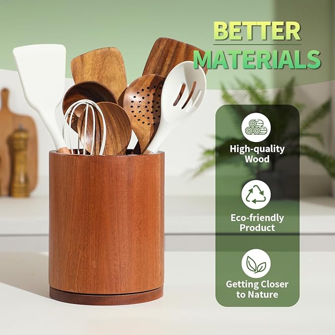 Wooden Utensil Holder, 360°Rotating 7.3'' Large Utensil Holder for Kitchen Counter, Kitchen Utensil Organizer, Utensil Crock, Farmhouse Kitchens Countertop Decor, Sapele Wood