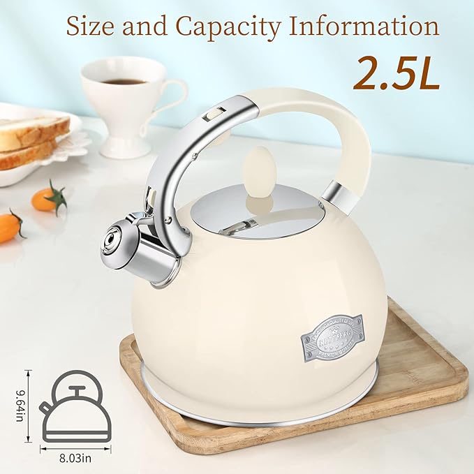 Tea Kettle for Stovetop Induction Whistling Tea Kettles 2.64 Quart Retro Food Grade Stainless Steel Teapots with Cool Touch Handle Cream