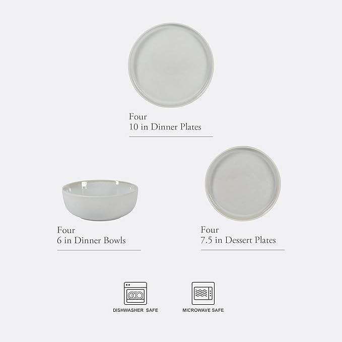 Gibson Elite Tahoe Sunset 12 Piece Stoneware Reactive Glaze (Service for 4) Ceramic Plates and Bowls Dinnerware Set - Cream White