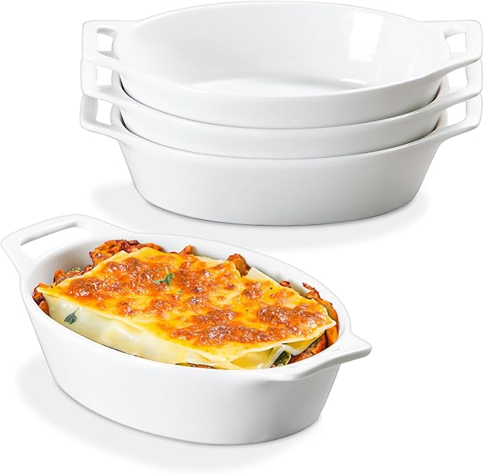 ONEMORE Oval Au Gratin Baking Dish, 20 oz Small Casserole Dishes with Handles 6x8" Ceramic Baking Pan for 1-2 People, Oven Safe for Lasagna, Pies, Individual Servings & Side Dishes, Set of 4, White
