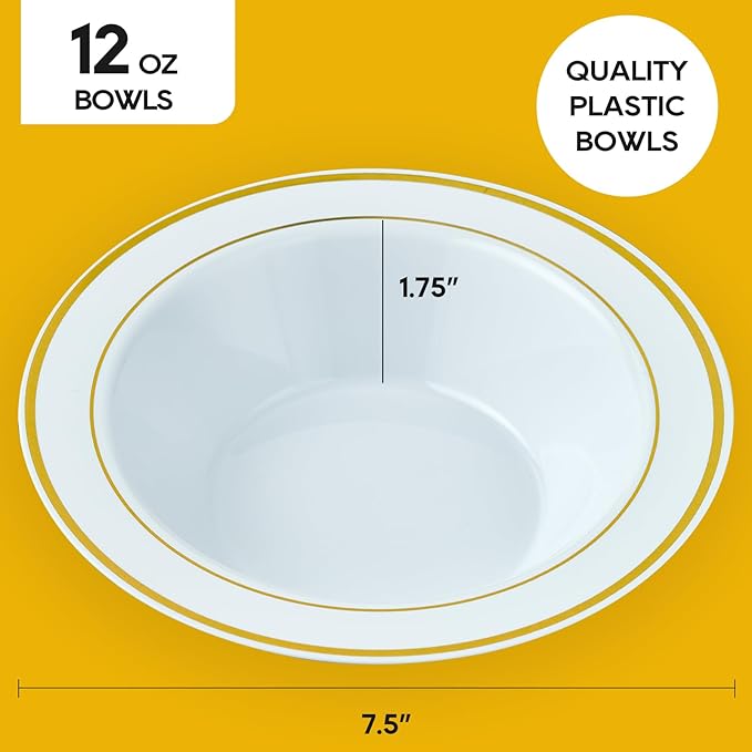 JOLLY PARTY 100PCS Plastic Bowls with Gold Rim-12oz disposable Soup Bowls, Christmas Thanksgiving Premium Dessert Salad Bowls for Wedding/Party