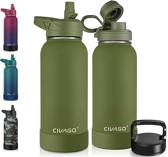 CIVAGO 32 oz Insulated Water Bottle With Straw, Stainless Steel Sports Water Cup Flask with 3 Lids (Straw, Spout and Handle Lid), Wide Mouth Travel Thermal Mug, Army Green