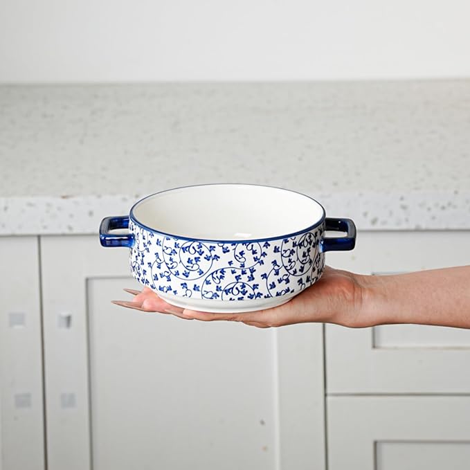 Soup Bowls with Handles - 24oz Ceramic French Onion Soup Crocks Serving Bowls for Pasta Cereal Beef Stew Pot Pies Casserole - Oven Microwave Dishwasher Safe - Set of 4, Blue