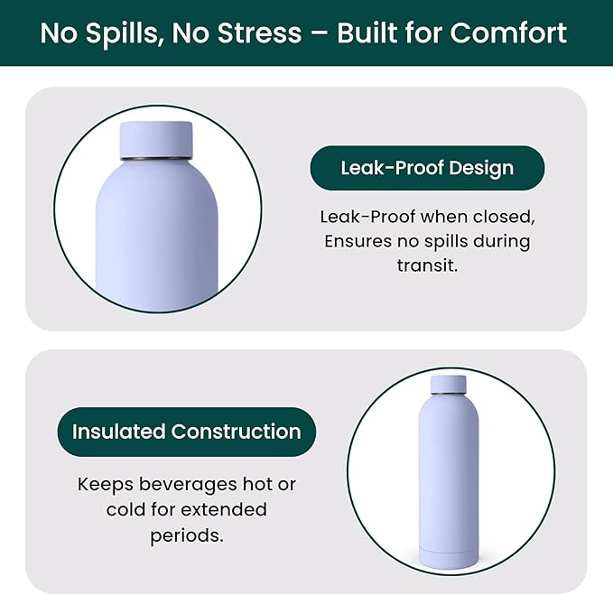 NOBL Stainless Steel Water Bottle,17 oz, 500 ml, Double Wall Vacuum Insulation, Sealed Bottle Keeps Drinks Cold 24 Hrs & Hot 12 Hrs, Leak Proof, Fits Noble Carry-On Cup Holder - Lavender