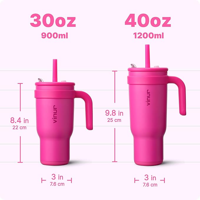 VINUR 30 oz Tumbler with Handle and Straw-Insulated Coffee Travel Mug with Leak Proof Lid | Reusable Stainless Steel | Rubber Base | Cup Holder Friendly | Gifts for Women, Rose Red