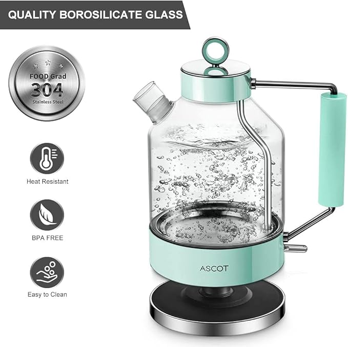ASCOT Electric Kettle, Glass Electric Tea Kettle Gifts for Men/Women/Family 1.5L 1500W Borosilicate Glass Tea Heater, with Auto Shut-Off and Boil-Dry Protection (Green)