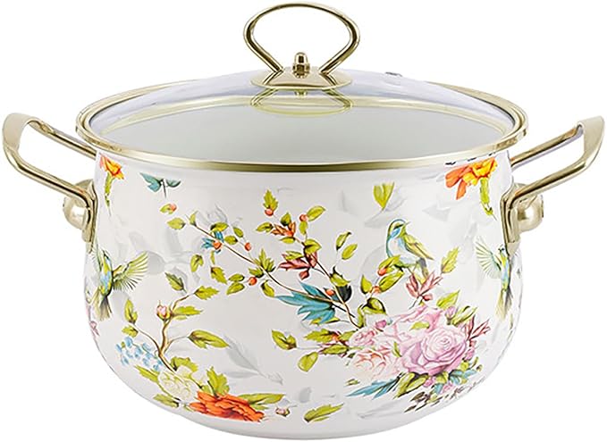 Vintage Enamel Stockpot with Lid,Large Stock Pot Enamel 5.5 Liters Nonstick Saucepan with Glass Lid Flower Enamel on Steel Cooking Pot with Lid, Vintage Thicken Soup Pot with Handles,20CM