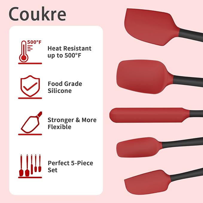 Coukre Silicone Spatula Set of 5,High Temperature Resistant, Food Grade Silicone, Dishwasher Safe, for Baking, Cooking (Red)