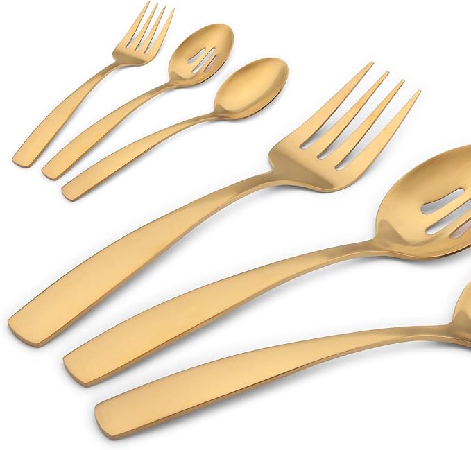O.C.E. 5-Piece Matte Gold Serving Flatware Silverware Set, Utensil Set of Stainless Steel, Satin Finish, Hostess Tableware Serving Set, Dishwasher Safe
