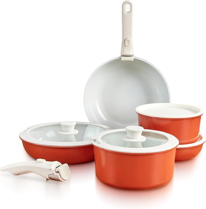 GOURMETIFIC® Pots and Pans Cookware Set [11 PIECES] - Non Toxic Ceramic Coated Cooking Ware - Induction, Gas & Oven Kitchenware - Non Stick Pot & Pan with Removable Handles & Stackable (Terracotta)