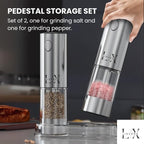 Automatic Salt and Pepper Grinder Set – Rechargeable Stainless Steel Mills with Adjustable Coarseness, One-Handed Operation, LED Light & Storage Base