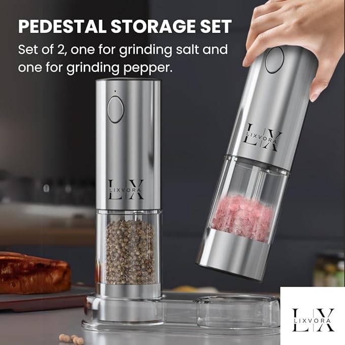 Automatic Salt and Pepper Grinder Set – Rechargeable Stainless Steel Mills with Adjustable Coarseness, One-Handed Operation, LED Light & Storage Base