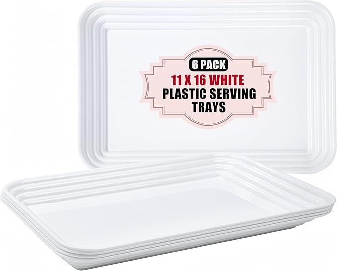 SUT 6-Pack White Serving Tray Plastic for Party Supplies, 16" x 11" Platters for Serving Food Party, White Reusable Tray for Veggie, Snack, Fruit, Cookies, Desserts in Kitchen/Pantry Serving Platter