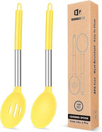 Pack of 2 Large Silicone Cooking Spoons,Non Stick Solid Basting Spoon,Heat-Resistant Kitchen Utensils for Mixing,Serving,Draining,Stirring (YELLOW)