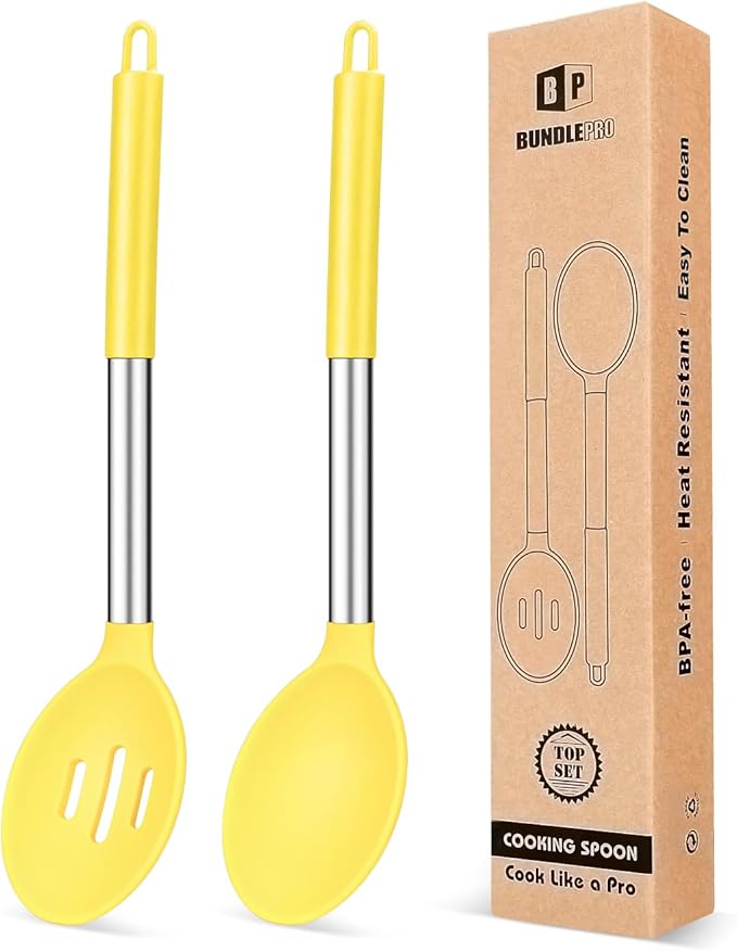 Pack of 2 Large Silicone Cooking Spoons,Non Stick Solid Basting Spoon,Heat-Resistant Kitchen Utensils for Mixing,Serving,Draining,Stirring (YELLOW)