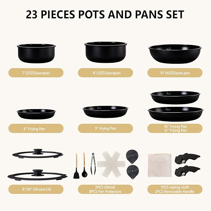 ROVSUN 23 PCS Non-Stick Cookware Set, Cast Aluminum Pots and Pans Set with Removable & Detachable Handles, Induction RV Kitchen Cook Set, Dishwasher Safe, PFAS PFOA & PFOS Free, for Home