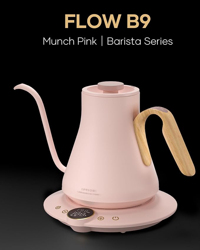 Cocinare FLOW B9 Gooseneck Electric Kettle, Precise Temperature Control for Pour-Over Coffee & Tea Brewing, Stainless Steel Interior, Rapid Heating for Boiling Water 1500W/0.9L (Munch Pink)