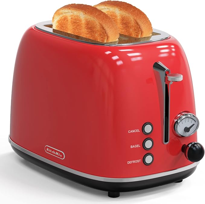 Toaster 2 slice,Retro Stainless Steel Toaster with 6 Settings, 1.5 In Extra Wide Slots, Bagel/Defrost/Cancel Function, Removable Crumb Tray (Red)