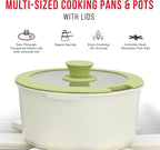 Pots and Pans Set Non Stick Ceramic-Granite – 14-Piece Cookware with Detachable Handles, Stackable Space-Saving, Dishwasher Safe, Stain-resistant, Oven & All-Stove Safe, Tempered Glass Lids, Green