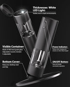 TOMEEM Upgraded Larger Capacity Electric Salt and Pepper Grinder Set Rechargeable with LED lights, Stainless Steel Automatic Pepper and Salt Grinder Refillable with 5 Adjustable Coarseness Black