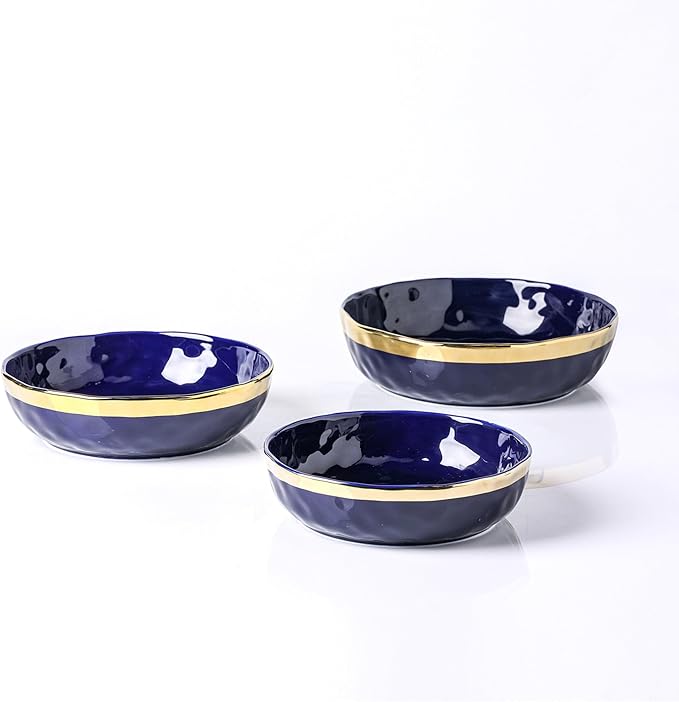 Stone Lain Florian Porcelain 3-Piece Round Shallow Bowl Service Set, Blue with Gold RIm