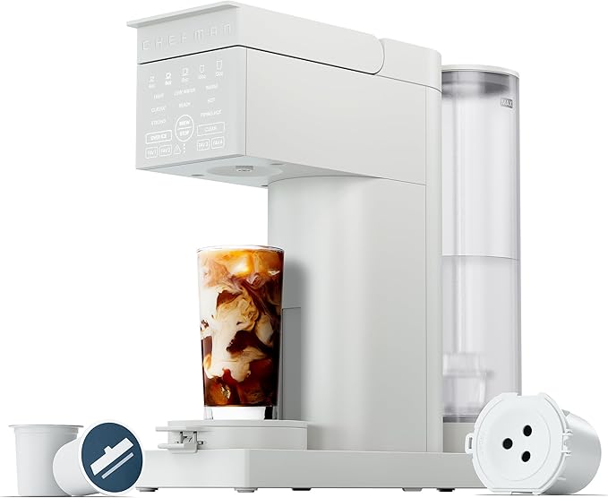 Chefman Caffeinator Single Serve Coffee Maker, Brew Kcups & Grounds, Drip Coffee Machine with Brew Strength Settings, Iced Coffee Function, 48 oz. Removable Water Reservoir